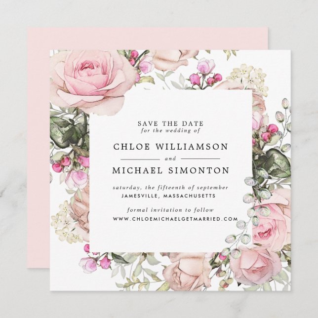 Rustic Pink Rose Floral Save the Date Card (Front/Back)