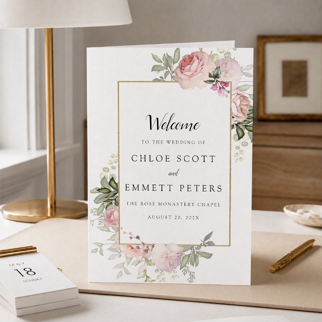 Rustic Pink Rose Floral Wedding Booklet Programme (Creator Uploaded)