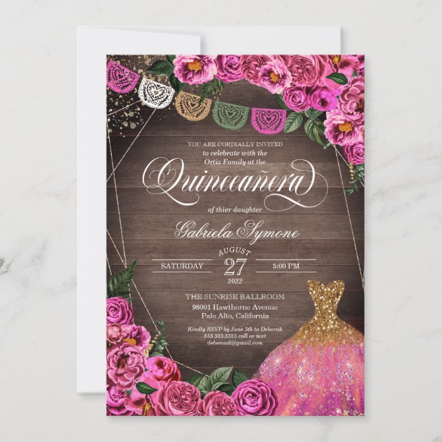 Rustic Pink Rose Glitter Gown Fiesta Quinceañer Invitation (Front)