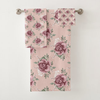 Rustic pink rose gold green bohemian floral bath towel set