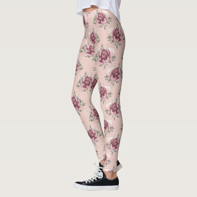 Rustic pink rose gold green bohemian floral leggings (Left)
