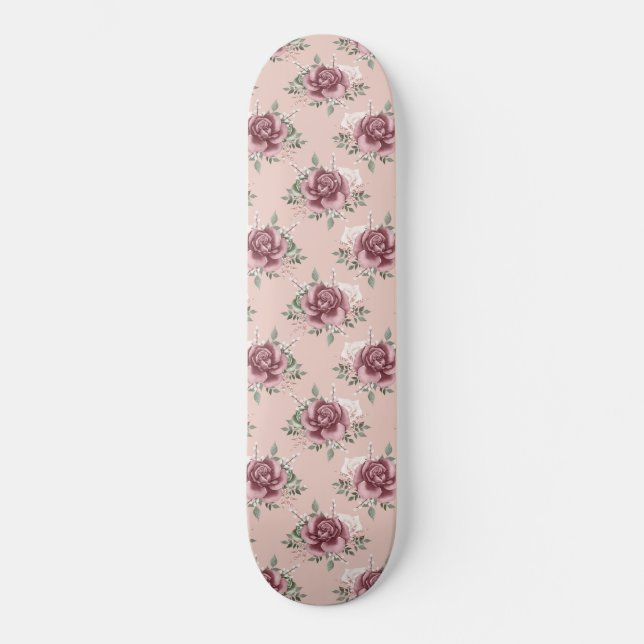 Rustic pink rose gold green bohemian floral skateboard (Front)