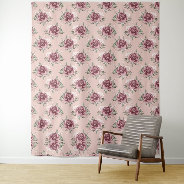 Rustic pink rose gold green bohemian floral tapestry (In Situ)