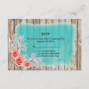 Rustic Pink Rose Turquoise Burlap RSVP rpr1 Card