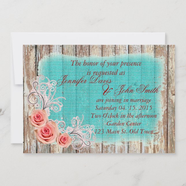 Rustic Pink Rose Turquoise Burlap Wedding rpr1 Invitation (Front)