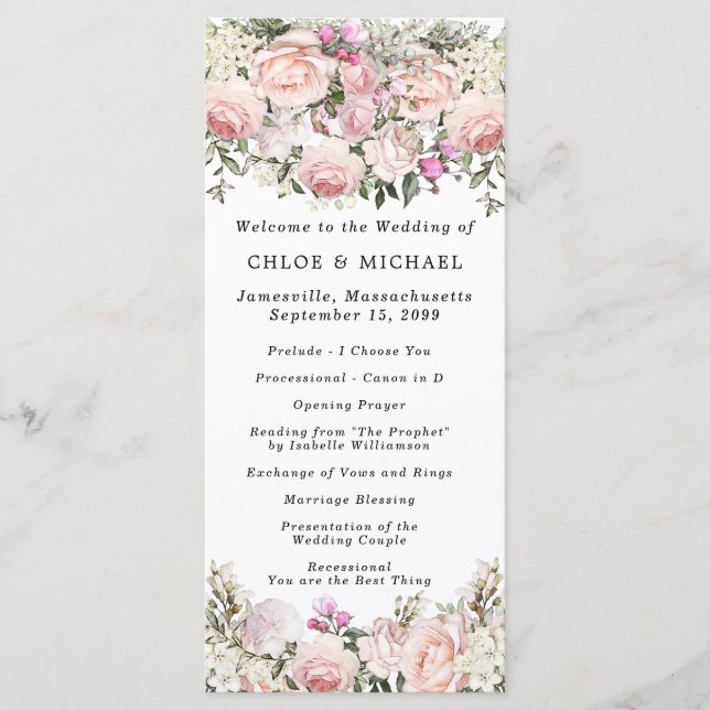 Rustic Pink RoseFloral Wedding Programme (Front)