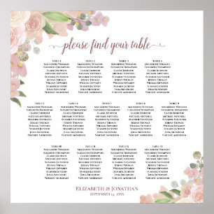 Rustic Pink Roses 13 Table Wedding Seating Chart