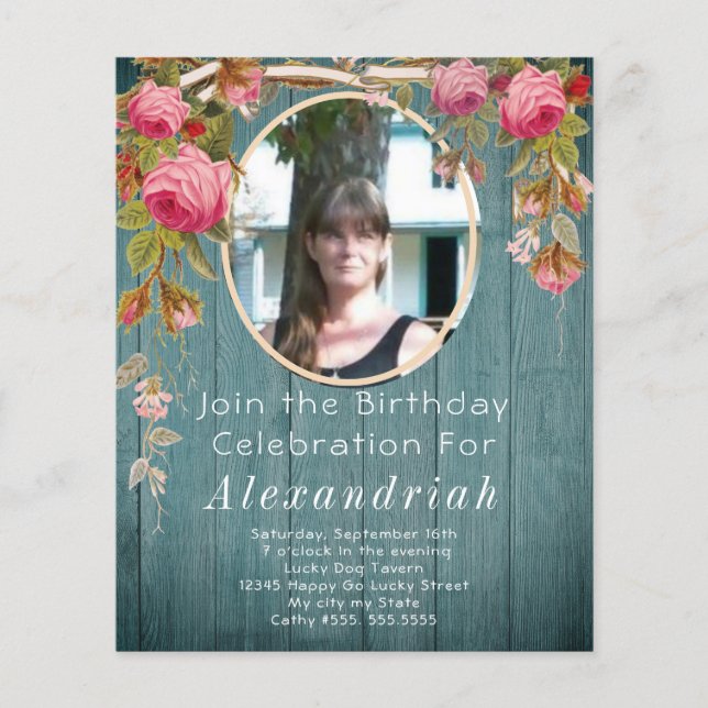 Rustic Pink Roses Blue Green Barn Wood Birthday (Front)