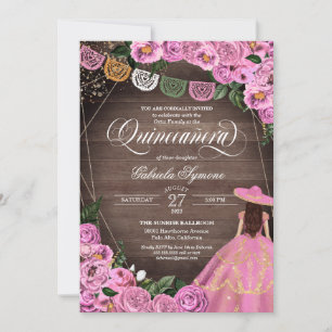 Rustic Pink Roses Charro Quince Dress Quinceañera  Invitation