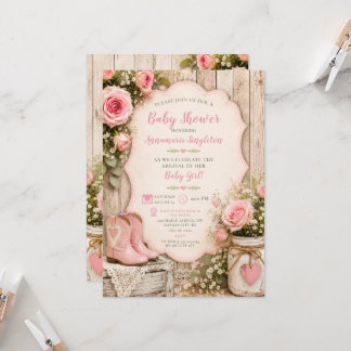 Rustic Pink Roses Cowgirl Boots Mason Jar | Invitation