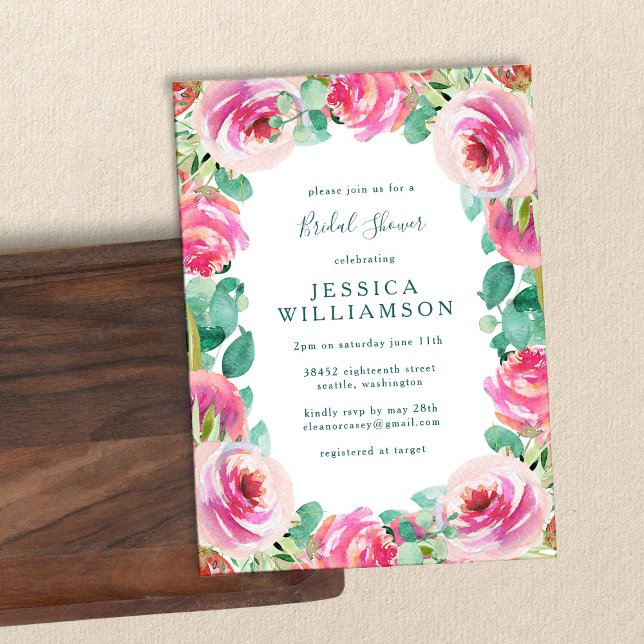 Rustic Pink Roses Floral Watercolor Bridal Shower Invitation (Creator Uploaded)