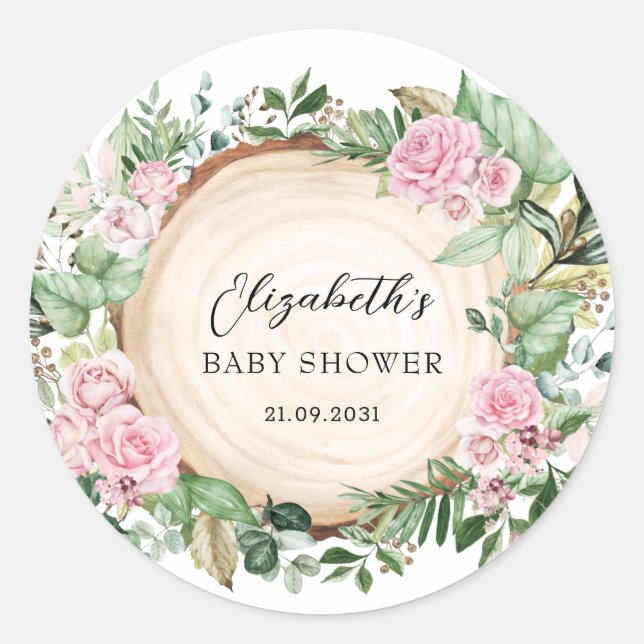 Rustic Pink Roses Greenery Garden Baby Girl Shower Classic Round Sticker (Front)