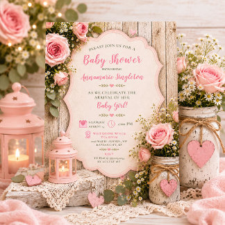 Rustic Pink Roses Mason Jar Lantern Lace | Invitation