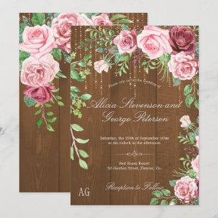 Rustic Pink Roses Monogram Barn Wood Wedding Invitation