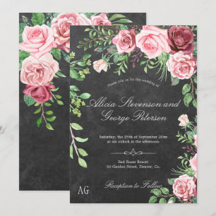 Rustic Pink Roses Monogram Chalkboard Wedding Invitation