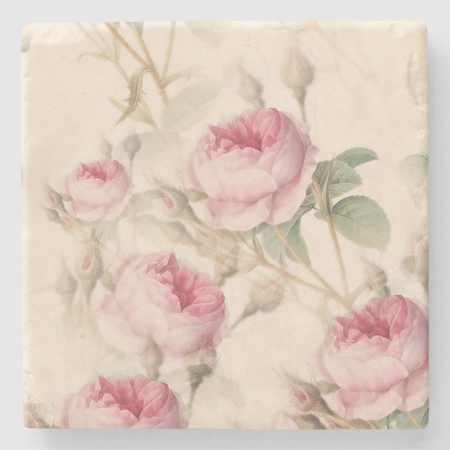 Rustic Pink Roses Stone Coaster (Front)