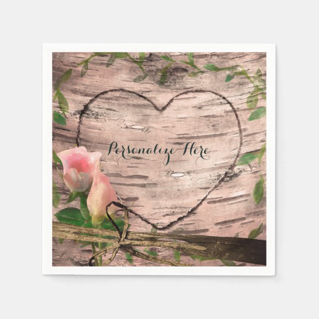 Rustic Pink Roses & Vines White Birch Custom Party Napkin (Front)