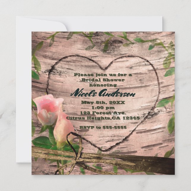 Rustic Pink Roses & Vines White Birch Invitations (Front)