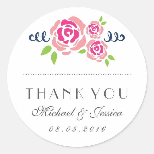 Rustic Pink Roses Wedding Thank You Sticker (Front)