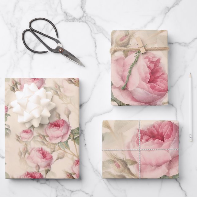 Rustic Pink Roses Wrapping Paper Sheet (Front)