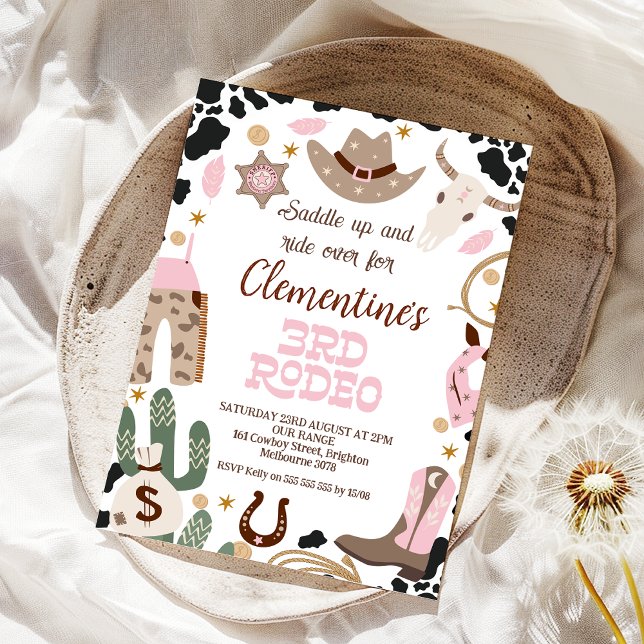 Rustic Pink Saddle Up 3rd Rodeo 3rd Birthday  Invitation (Girls Pink 3rd Rodeo Birthday Invitation, 3rd Rodeo 3rd Birthday Invite, Western Themed, Cowgirl )