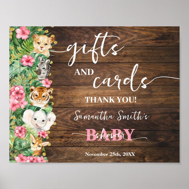 Rustic Pink Safari Animal Gift & Cards Baby Shower Poster (Front)