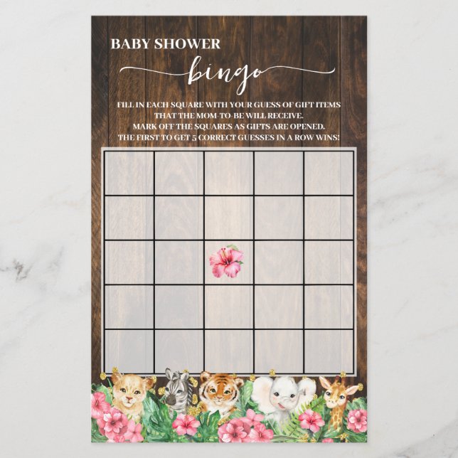 Rustic Pink Safari Animals Shower Bingo Game Card (Front)