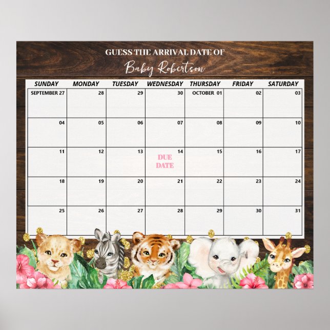 Rustic Pink Safari Baby Guess Due Date Calendar Poster (Front)
