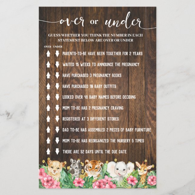 Rustic Pink Safari Over or Under Shower Game Card (Front)