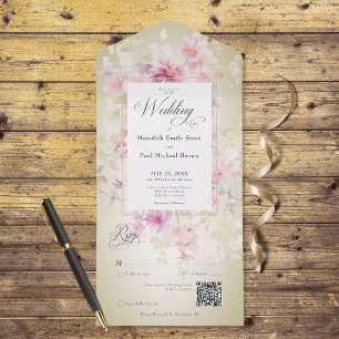 Rustic Pink & Sage Watercolor Floral Sage QR Code All In One Invitation