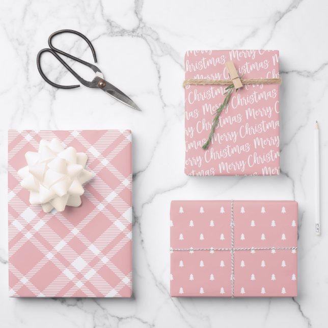 Rustic Pink Tartan Plaid Merry Christmas Pattern Wrapping Paper Sheet (Front)