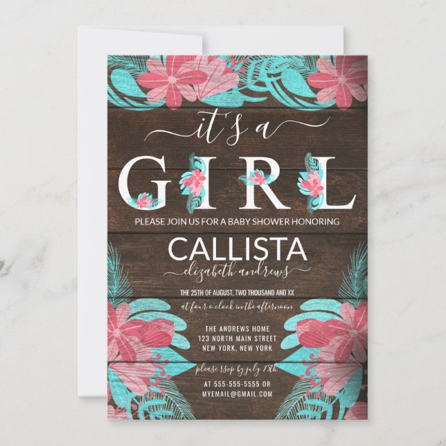 Rustic Pink Teal Floral Wood Girl Baby Shower Invitation (Front)
