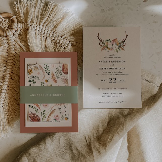 Rustic pink terracotta floral botanical wedding invitation belly band (Creator Uploaded)