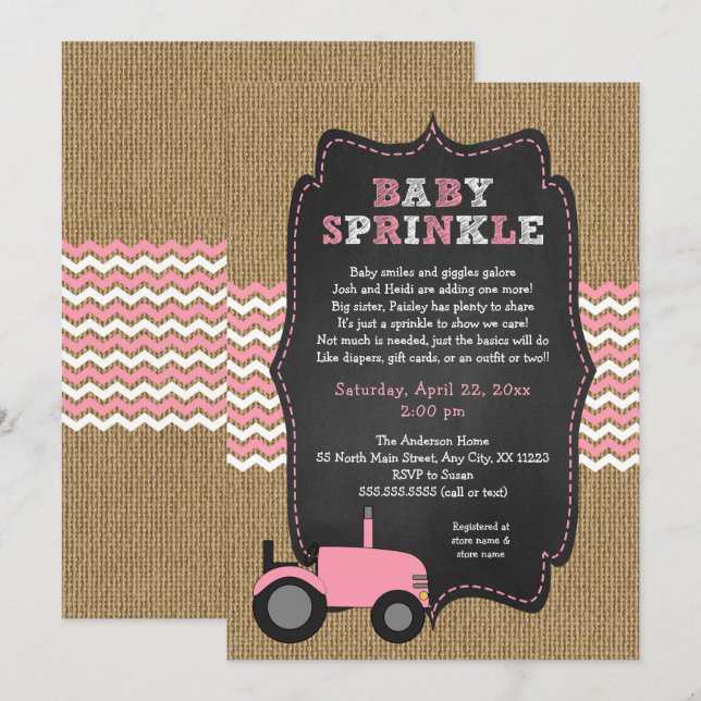 Rustic pink Tractor Baby Sprinkle Invitation (Front/Back)