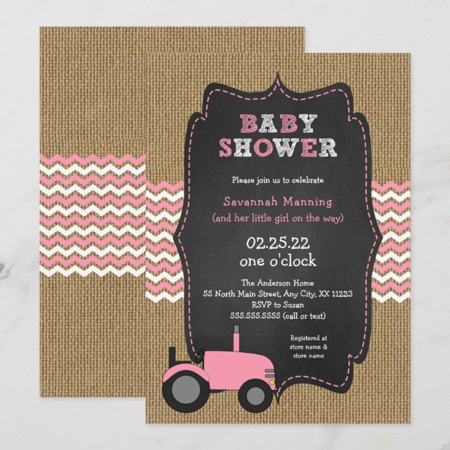 Rustic Pink Tractor girl Baby shower Invitation (Front/Back)