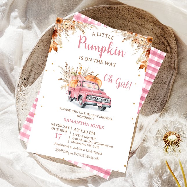 Rustic Pink Truck Little Pumpkin Baby Shower Invitation (Editable Pink Pumpkin Truck Baby Shower Invitation Girl, Fall Little Pumpkin Baby Shower Invite,  )