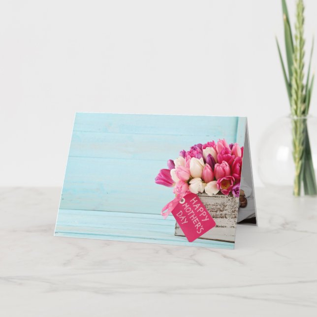 Rustic Pink Tulips Box Photograph Mothers Day Holiday Card (Front)