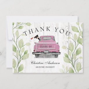 Rustic Pink Vintage Truck Greenery Graduation Thank You Card