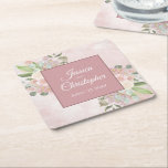 Rustic Pink Watercolor Floral Bohemian Wedding Square Paper Coaster<br><div class="desc">These beautiful wedding coasters feature a hand painted watercolor floral design in lovely pastel spring colours including coral, blush pink, peach, and mauve on a marbled dusty rose background. The flowers, roses and blossoms are interspersed with eucalyptus leaves, foliage, and greenery in shades of sage, moss, and sap green. The...</div>