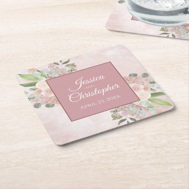 Rustic Pink Watercolor Floral Bohemian Wedding Square Paper Coaster (Angled)