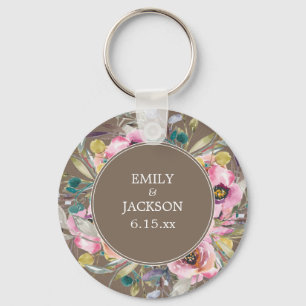 Rustic Pink Watercolor Floral Brown Wedding Key Ring