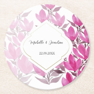 Rustic Pink Watercolor Floral Hand-painted Round Paper Coaster