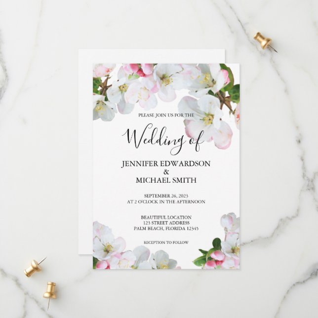 Rustic pink watercolor flowers wedding invitation (Front/Back In Situ)