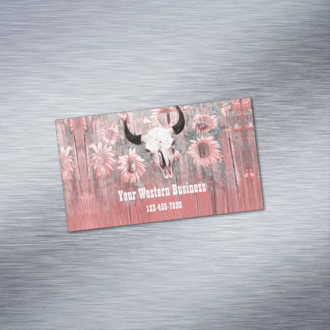 Rustic Pink Western Bull Skull Sunflowers On Wood Magnetic Business Card (In Situ)