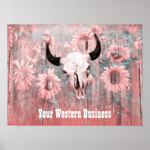 Rustic Pink Western Bull Skull Sunflowers On Wood Poster