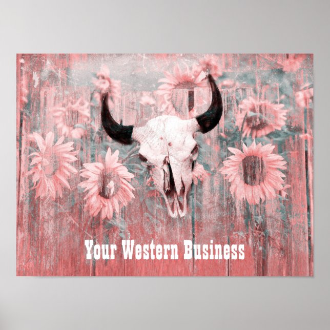 Rustic Pink Western Bull Skull Sunflowers On Wood Poster (Front)