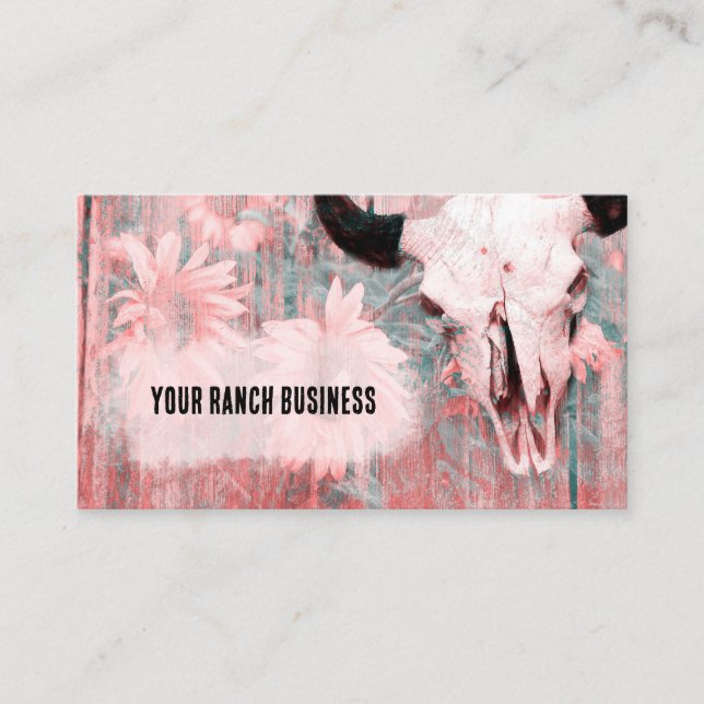 Rustic Pink Western Bull Skull Sunflowers Wood Business Card (Front)