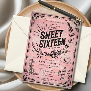 Rustic Pink Western Floral Sweet Sixteen Birthday  Invitation