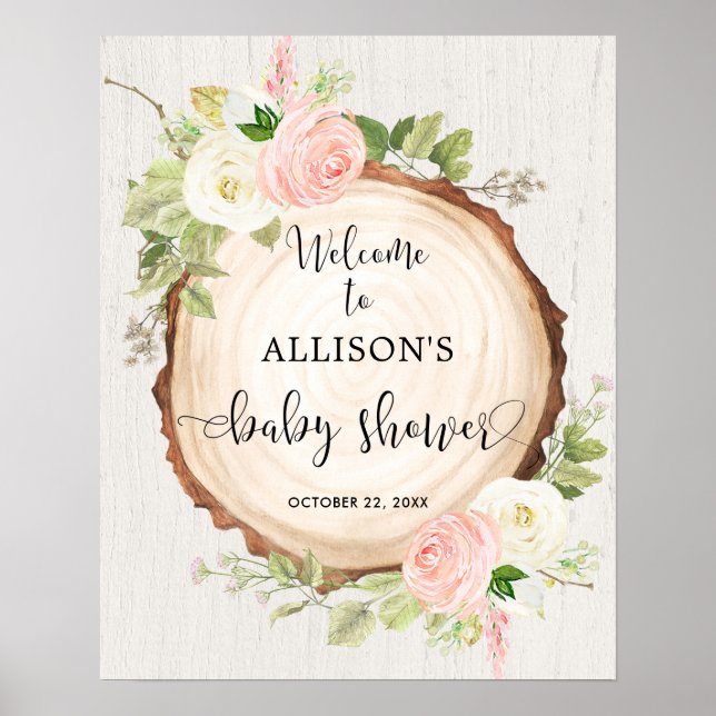 Rustic pink white floral baby shower welcome sign (Front)
