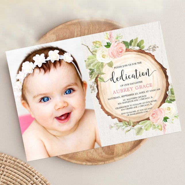 Rustic pink white floral girl dedication photo invitation (Creator Uploaded)
